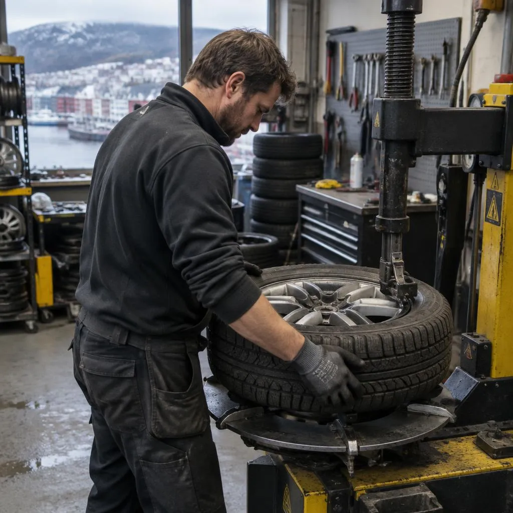 Mekaniker som monterer et dekk på en dekkmaskin